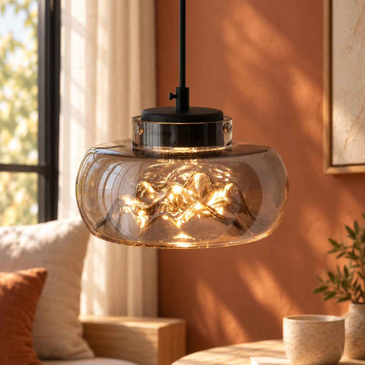 Modern Glass Pendant Lighting Hanging Fixture with Iron Frame and Textured Interior for Warm Illumination