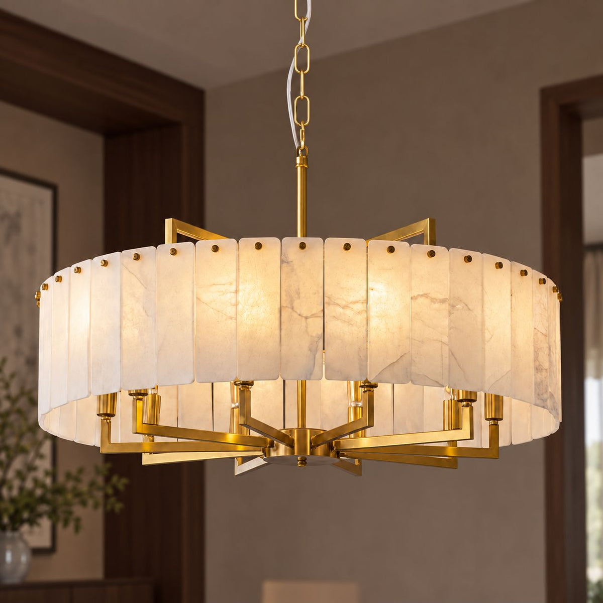 Modern Round Chandelier Adjustable Hanging Brass Alabaster 8 Light Fixture for Dining Room