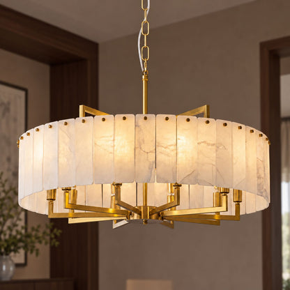 Modern Round Chandelier Adjustable Hanging Brass Alabaster 8 Light Fixture for Dining Room