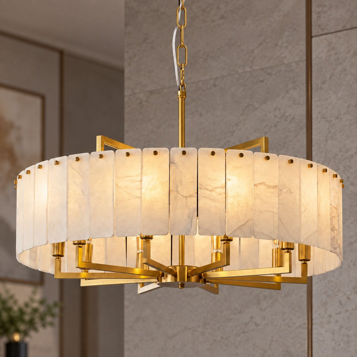 Modern Round Chandelier Adjustable Hanging Brass Alabaster 8 Light Fixture for Dining Room