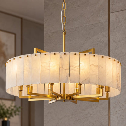Modern Round Chandelier Adjustable Hanging Brass Alabaster 8 Light Fixture for Dining Room