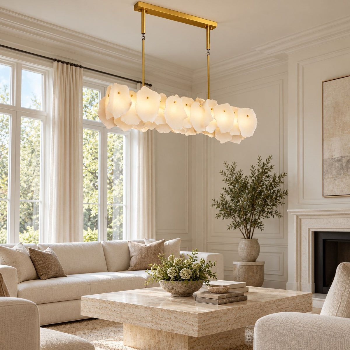 Modern Linear Chandelier Hanging Alabaster Shades Gold Suspension LED Light Fixture