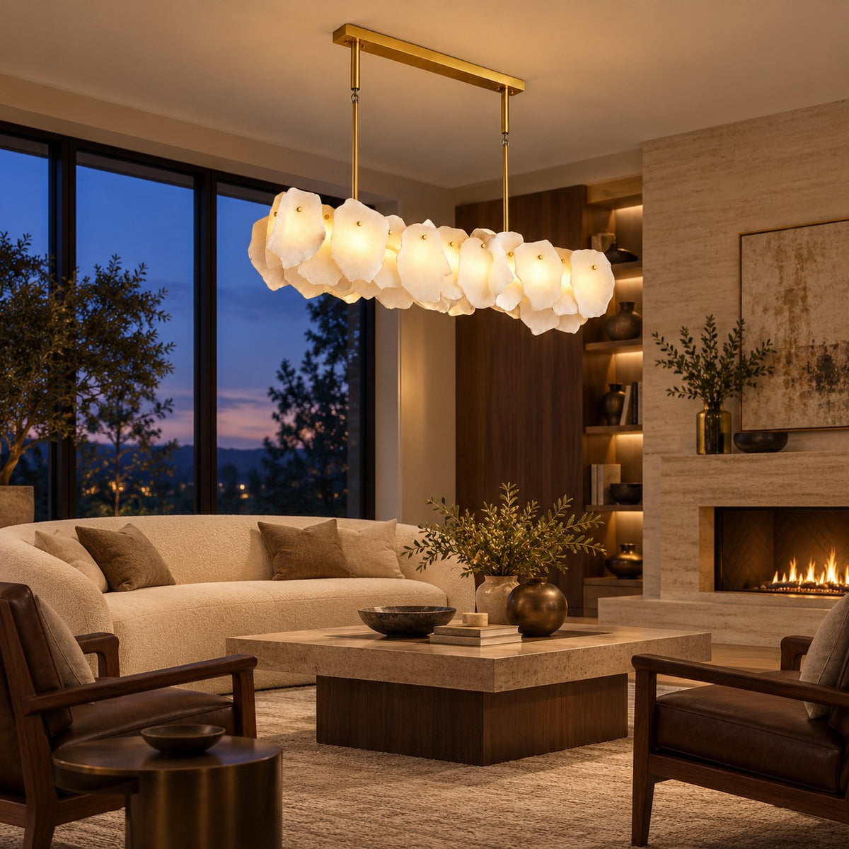 Modern Linear Chandelier Hanging Alabaster Shades Gold Suspension LED Light Fixture