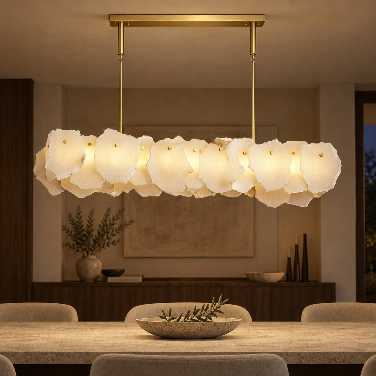 Modern Linear Chandelier Hanging Alabaster Shades Gold Suspension LED Light Fixture