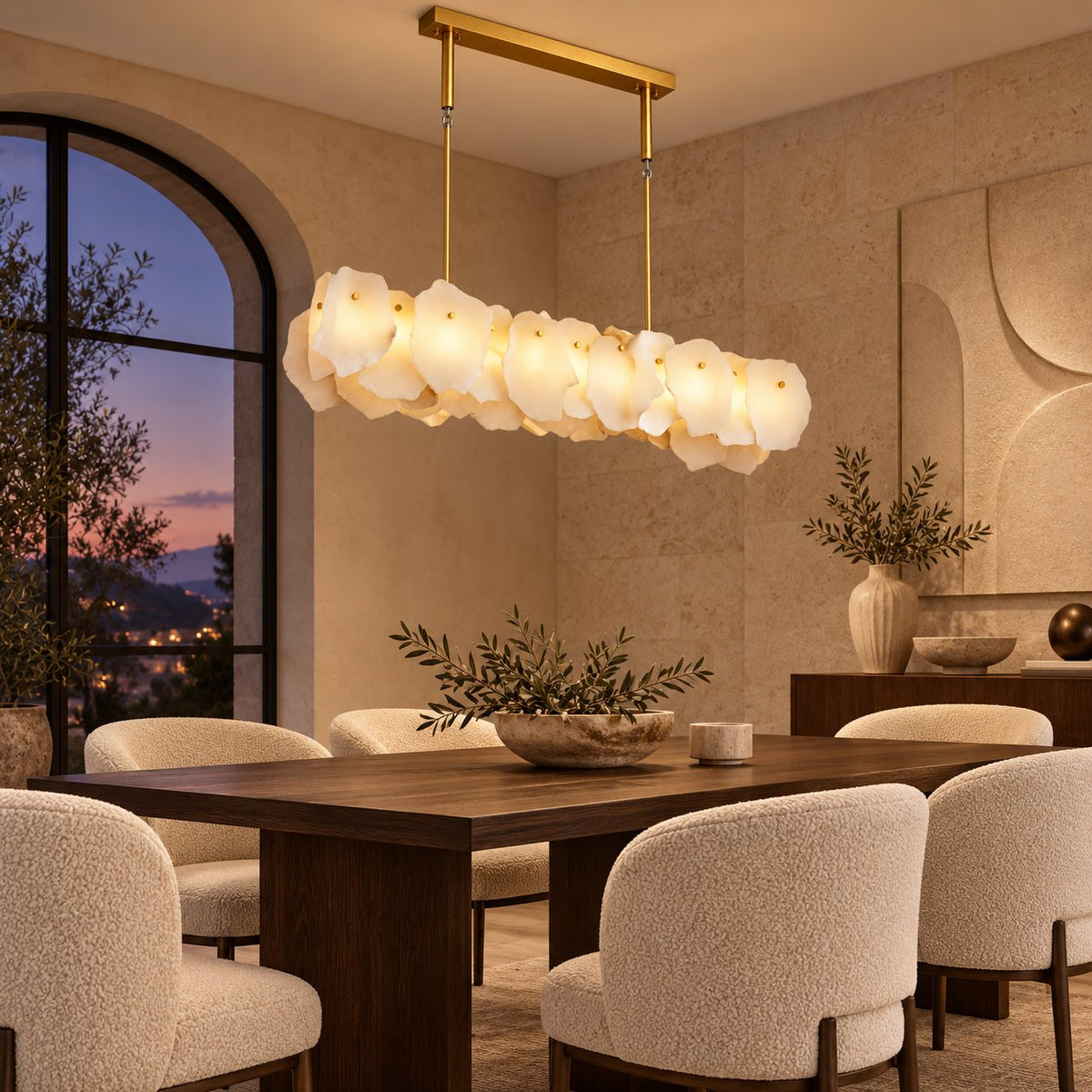 Modern Linear Chandelier Hanging Alabaster Shades Gold Suspension LED Light Fixture